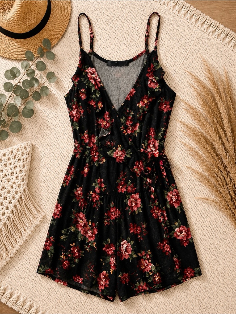 Black Floral V-Neck Spaghetti Strap Romper